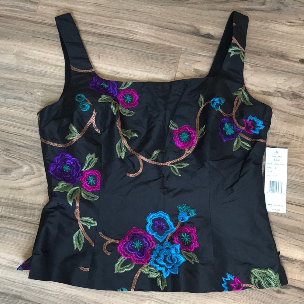 NWT Finity Studio brand Purple Rain Silk Blouse- Colorful Floral Embroidery SZ 8